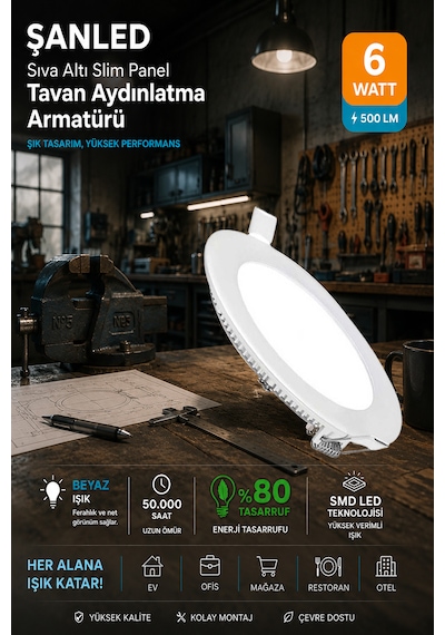 6w Tasarruflu Led Yuvarlak Beyaz Işık Sıva Altı Slim Panel Tavan Aydınlatma Armatürü