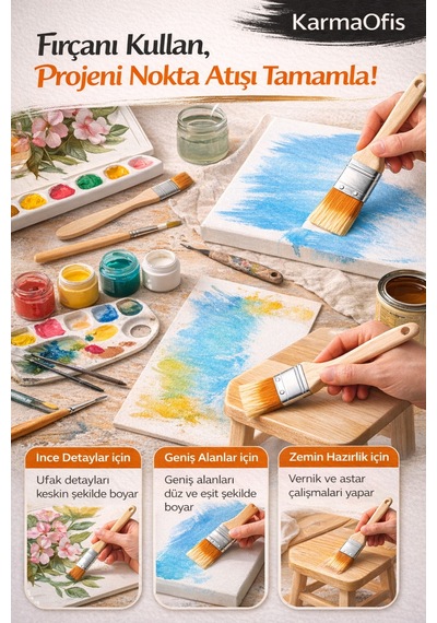 Ekonomik Set Fırça 3 Lü Düz Uçlu Ahşap Sap, Akrilik & Guaj Boya Uyumlu
