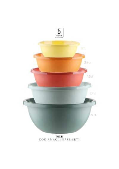 Kitchen Life 5'li Çok Amaçlı Neo Aura Yuvarlak Karıştırma Kasesi - 30+25+22+19+16,5cm 5 Boy Badya Saklama Kabı