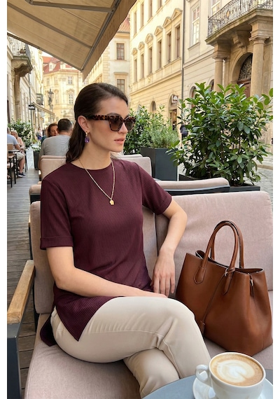 Lela Oversize Bisiklet Yaka Yırtmaç Detaylı Bayan Bluz 5869000 Vişne