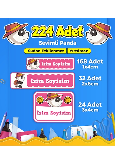 Sevimli Panda Temalı Okul Kreş Kişiye Özel İsim Etiket Seti - Model 156 Çok Renkli
