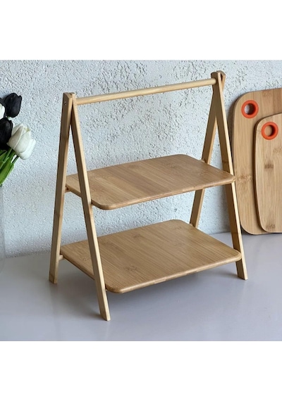 2 Katlı Dikdörtgen Bambu Servis Sunum Seti Büyük Boy, Kuru Pasta, Kurabiye Ve Kek Sunumları İçin Büyük Boy 38cm-30cm-22.5cm Çok renkli