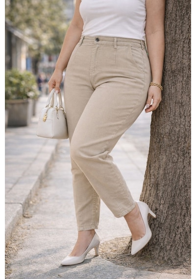 Cedy Denim Mom Fit Jean Büyük Beden Yüksek Bel Carrot Kesim Dar Paça Pileli Esnek Kot Pantolon C600 Bej