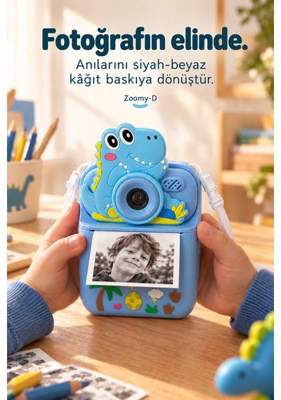 Kj/zm-002 Zoomy-d Dinozor Figürlü Anında Baskılı Çocuk Fotoğraf Makinesi, Çift Kamera, 2,4 İnç Ekran, 1080p Video, 3+ Yaş Mavi