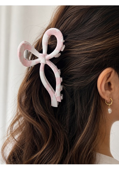 Fugo 2'li Büyük Boy Fiyonk Toka Seti Kalın Plastik Saç Mandal Tokası Pembe & Krem Desenli Pembe - Beyaz