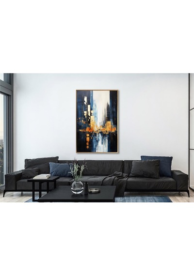 Yağlı Boya Dokulu Tablo Soyut Şehir Manzarası Manhattan Altın Çerçeveli U09003-179114