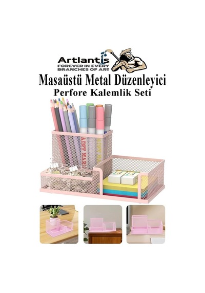 Ayrex Masaüstü Metal Kalemlik Seti 3 Lü Kombo 1 Paket Fileli Perfore Pastel Renkli Kalemlik Kağıtlık Küpnotluk D Genel