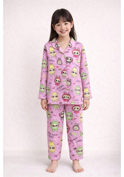 Beka Kids Labubu Desenli Uzun Kollu Önden Düğmeli Gömlek Yaka Kız Çocuk Pijama Takımı %100 Pamuklu Bej Beka Kids Labubu Desenli Uzun Kollu Önden Düğmeli Gömlek Yaka Kız Çocuk Pijama Takımı %100 Pamuklu Bej