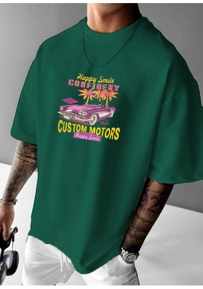 Custom Motor Baskılı Oversize Tişört Yeşil