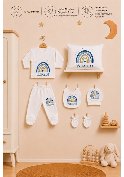 Pia Baby Hastane Çıkışı Erkek Bebek 7 Parça Zıbın Seti %100 Pamuk İsme Özel 1091zybyx Ekru