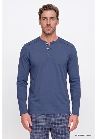 AC&Co / Altınyıldız Classics Erkek Indıgo %100 Pamuk Standart Fit Hakim Yaka Desenli Cepli Pijama Takımı İndigo