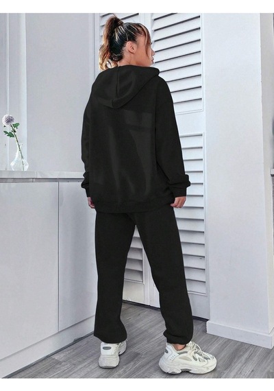 Smile Eşofman Takımı Sweatshirt Jogger - Siyah Baskılı Oversize Şardonlu Kapüşonlu Siyah