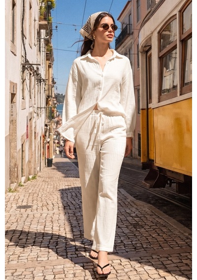 Olcay Düşük Kol Müslin Salaş Gömlek Beyaz 9329