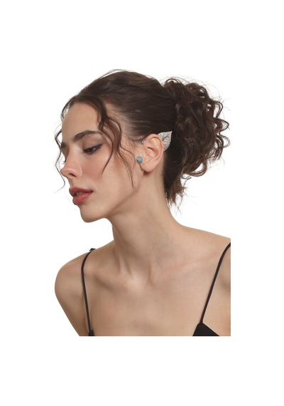 Kadın Gümüş Renk Lak Kaplama Taşlı Dokulu Yaprak Stilizesi Sol Kulak Earcuff & Kıkırdak Küpe Çok Renkli
