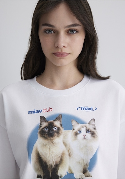 Mavi - Kedi Baskılı Beyaz Tişört 1613098-620 Beyaz