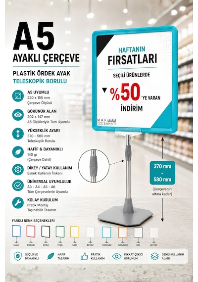 A5 Ayaklı Çerçeve Seti Plastik Ördek Ayak Teleskopik Borulu Fiyat Etiketliği Yönlendirme Levhası Menü Panosu Turkuaz