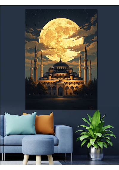 Ahşap Tablo Gece Dolunay Altında Camii Görseli İnsan Figürlü Tablolar