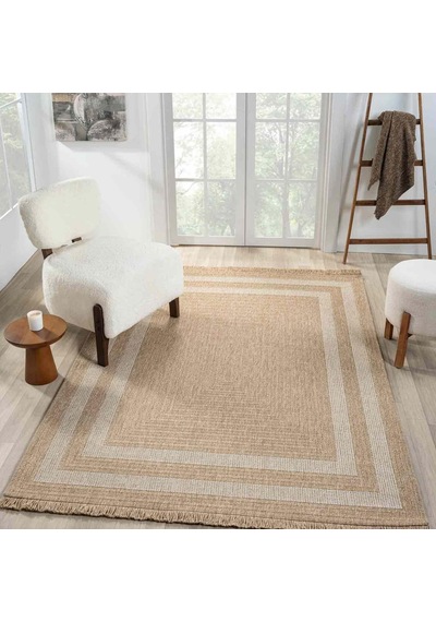 Bej Krem Dikdörtgen Desenli Modern Halı - L668bın Kahve