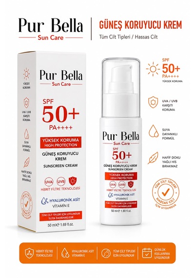 Pur Bella Güneş Kremi Spf+ 50 Leke Karşıtı Nemlendirici Aydınlatıcı Yüksek Koruma E Vitamini 50 Ml