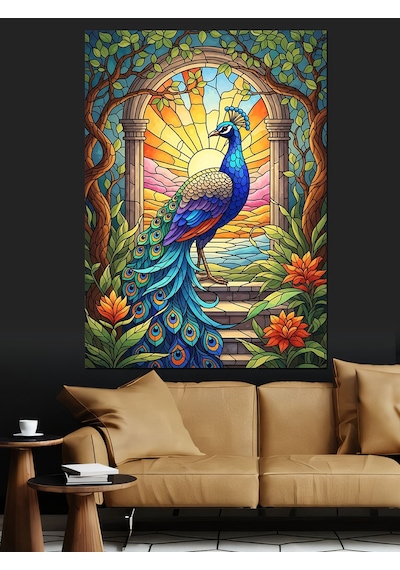 Ahşap Tablo Vitray Desenli Tavus Kuşu