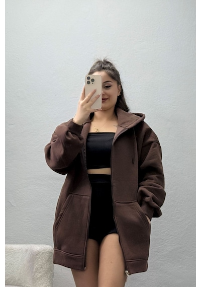 Belendir Kadın 3 İplik Kompakt Oversize Sweat Kahve Acı Kahverengi