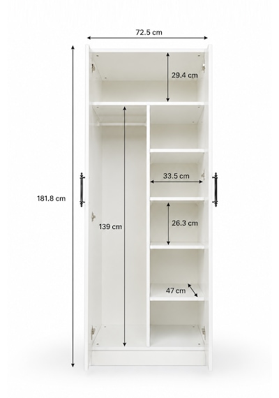 2 Kapılı Gardırop, Elbise Dolabı, Askılı Ve Raflı Beyaz