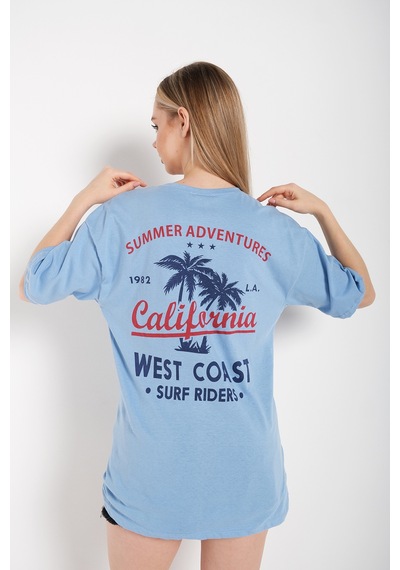 Flood Of Style Kadın Bebe Mavisi Oversize California Baskılı T-shirt Mavi