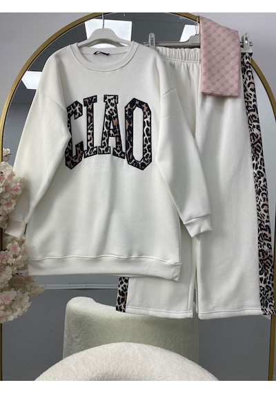 Lovie Moda Kadın Leopar Yazılı Eşofman Takımı Beyaz