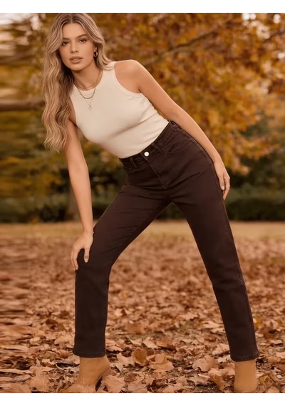 Layal My Beauty Jeannine Kadın Jeans Yüksek Bel Mom Boyfriend Dar Paça Denim Kot Pantolon Kahve