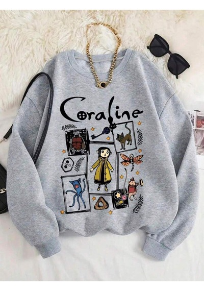 Uyguntarz Unisex Caroline Karakter Baskılı Oversize Swweatshirt Gri