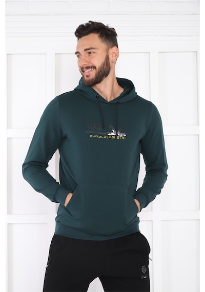 Escetic Spor Erkek Yeşil Cepli, Kapüşonlu Sweatshirt-4175