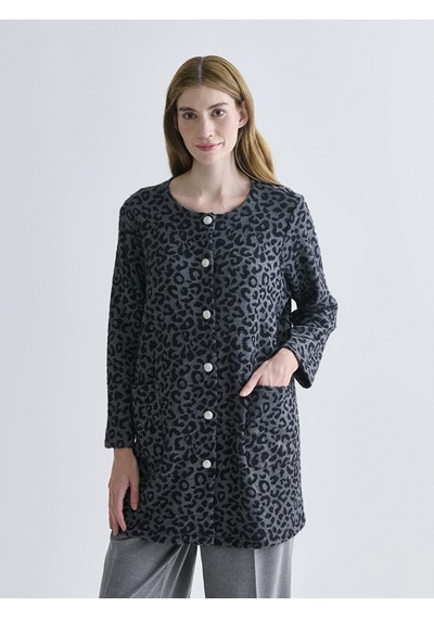 Lcw Grace Siyah Bisiklet Yaka Leopar Desenli Kadın Hırka Xl-2xl
