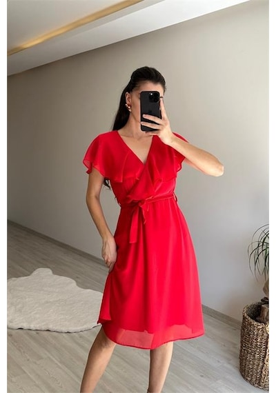 Neşeli Butik Kadın V Yaka Kuşaklı Mini Şifon Elbise Nm007 Kırmızı