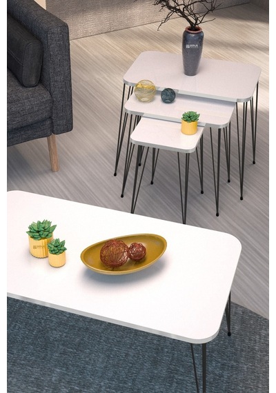Zigon Sehpa Kr Ve Orta Sehpa Kr Set Siyah Ayak Beyaz Tel 1102