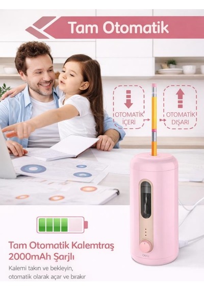 Va10 Pembe Şarjlı Otomatik Elektrikli Kalemtıraş 2000mah 5 Kademe Uç Ayarlı, 6.9-12mm Jumbo Uyumlu, Type-c, Geniş Hazneli