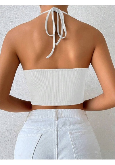 Liona Halter Yaka Bağlamalı Büzgülü Beyaz Renk Fitilli Crop Top Bluz