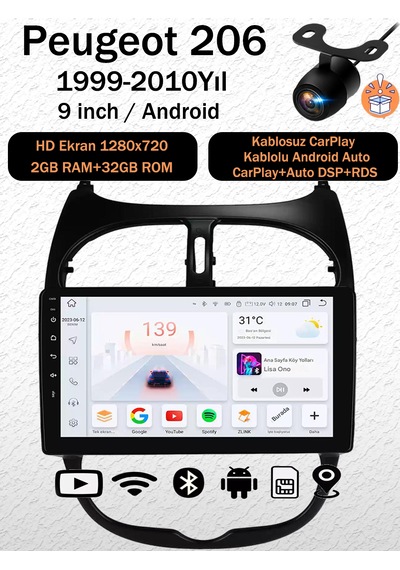 Peugeot 206 1999-2010 Android Navigasyon Multimedya Tesla Ekran Android Teyp Double Teyp 2gb Ram 32gb Hafıza Kablosuz Carplay Android Auto 9"