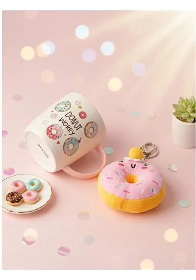 Donut Peluş Anahtarlıklı Kupa 360 Ml Pembe4