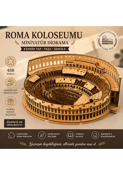 Roma Koloseumu Ahşap Maket Seti Dıy Miniatür Diorama Tarihi Mimari Koleksiyoner Modeli 458 Parça