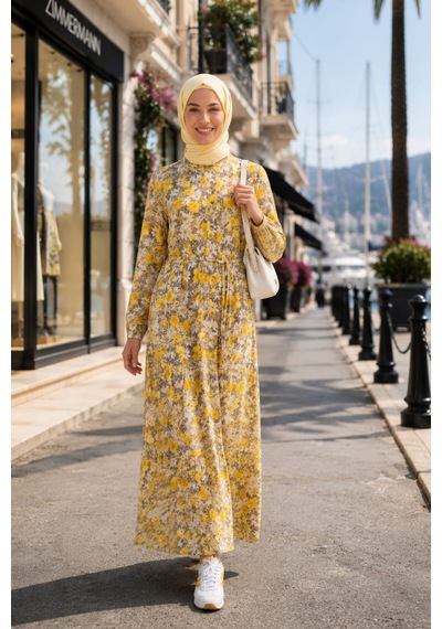 Hb Harma Time Butik Kadın Düğmeli Desenli Modal Sarı Elbise Vizon