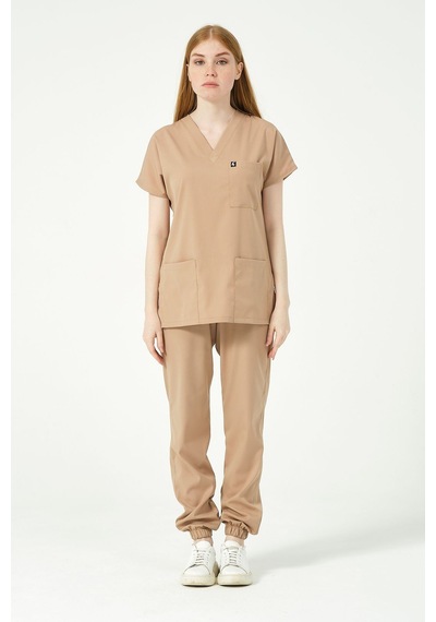 Bej Likralı Scrubs Kargo Cep Jogger Paça Doktor Hemşire Forması Yarasa Kol Takım Unisex
