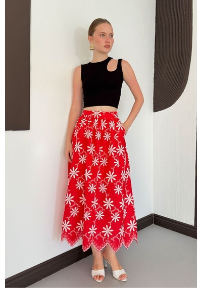 Verymoda Nakışlı Etek D2914 Kırmızı