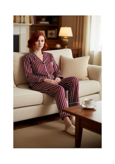 Ersefa Kadın Gömlek Yaka Çizgili Pamuklu Pijama Takımı Penguen Detaylı F Kırmızı
