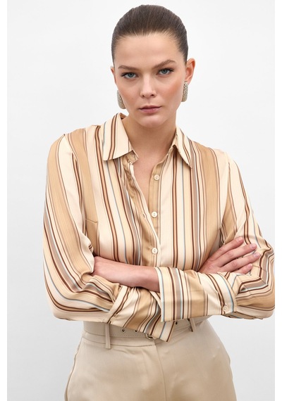 Sateen Renkli Çizgili Gömlek - Camel-136814 CAMEL