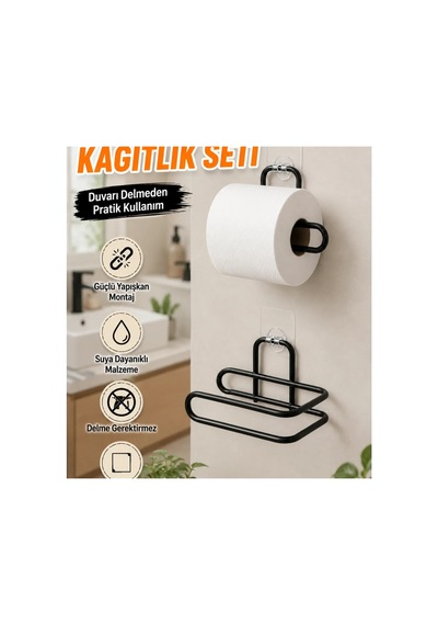 2 Li Siyah Yapışkanlı Duvar Tipi Rulo Kağıt Tutucu Çok Renkli