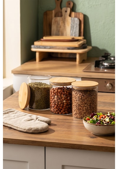 Porsima 1-3 Bambu Vakumlu Kapaklı Yuvarlak Borosilikat Cam 3lü Kavanoz Seti Saklama Kabı 750ml 10x12cm