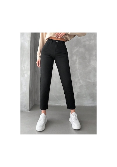 Woddi Likralı Kadın Mom Siyah Fit - Yüksek Belli Rahat Jean Pantolon-4
