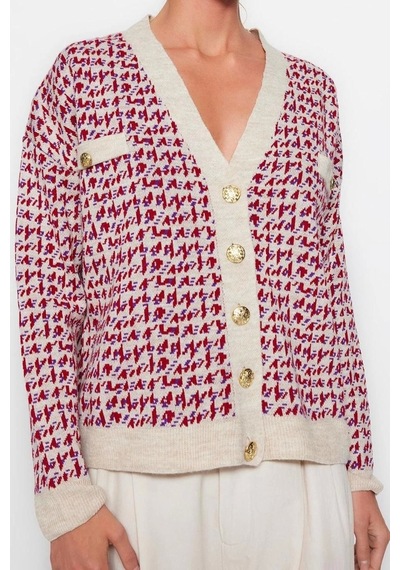 Frm Kadın Moda Şık Regular V Yaka Oversize Geniş Kalıp Triko Hırka Bej