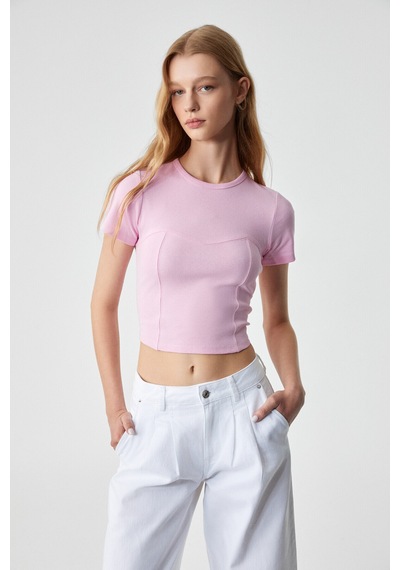 ETHIQUET CERAEN Kadın Slim Kısa Kol Bisiklet Yaka Pembe T-Shirt