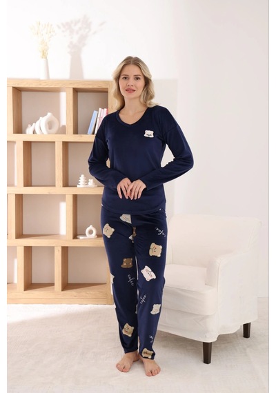 Pijamoni Kadın Fransız Kumaş V Yaka Ayıcık Baskılı Lacivert Pijama Takımı Lacivert